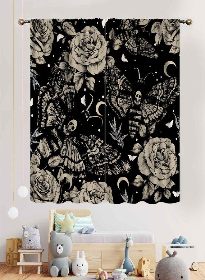 TKUYO Goth Curtains for Bedroom, Spooky Moody Dead Moth Black Floral Witchy Gothic Mysterious Butterfly Skull Trippy Aesthetics Art Print Gray Window Drapery for Bedroom Living Room 2 Panels, 42"x45" Inch - Image 3